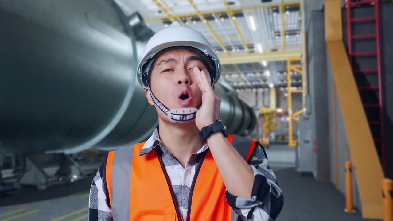 안전 헬을 입은 아시아 남성 엔지니어가 파이프 제조 공장에서 서서 입 위에 손을 들고 소리치고 있다.