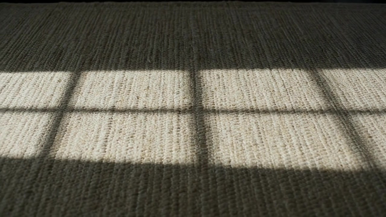 Ombra a griglia di finestra che si sposta e scivola su un tappeto testurizzato in una stanza con finiture scure mentre il sole si muove.