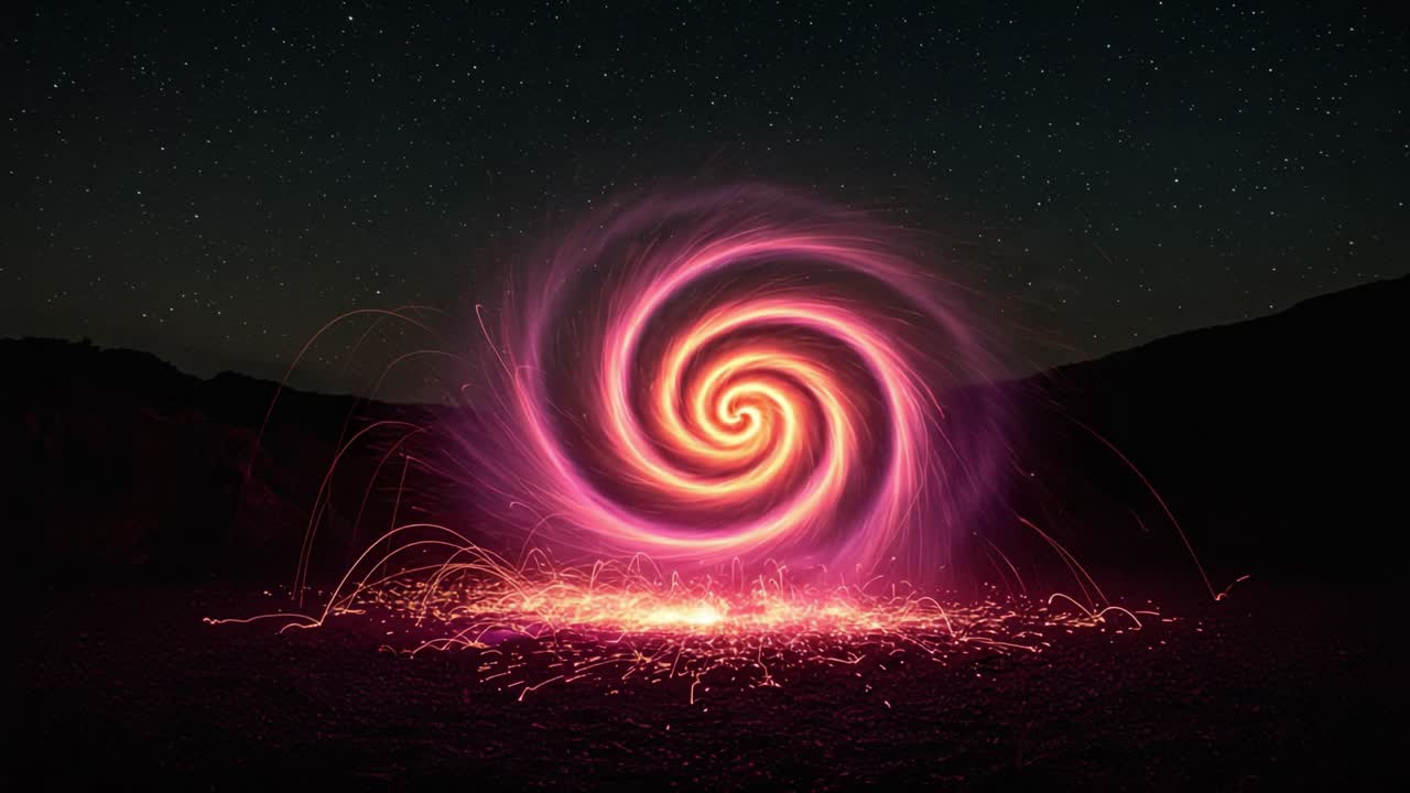Captivating Swirl of Illuminating Sparks: A Mesmerizing Display of Energy and Light in the Night Sky, Featuring a Vibrant Spiral of Radiant Colors