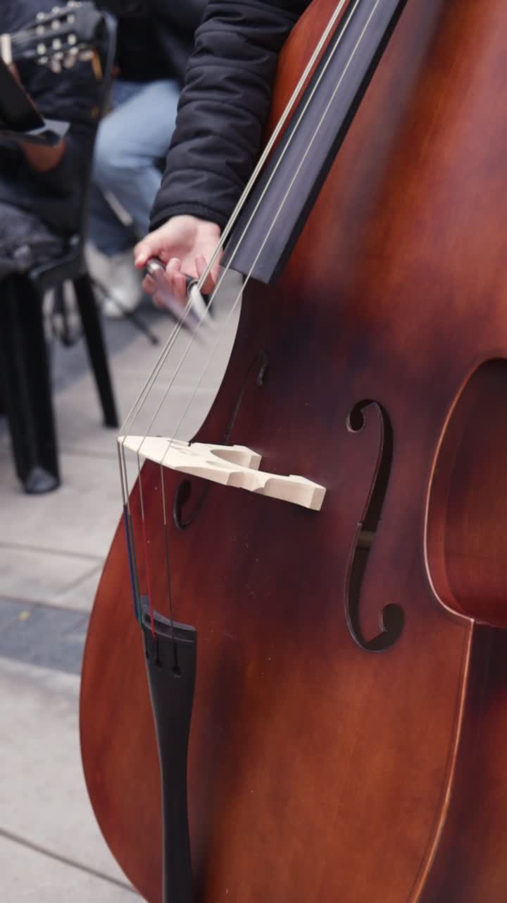 Close-up of Musician Playing Double Bass with a Bow
