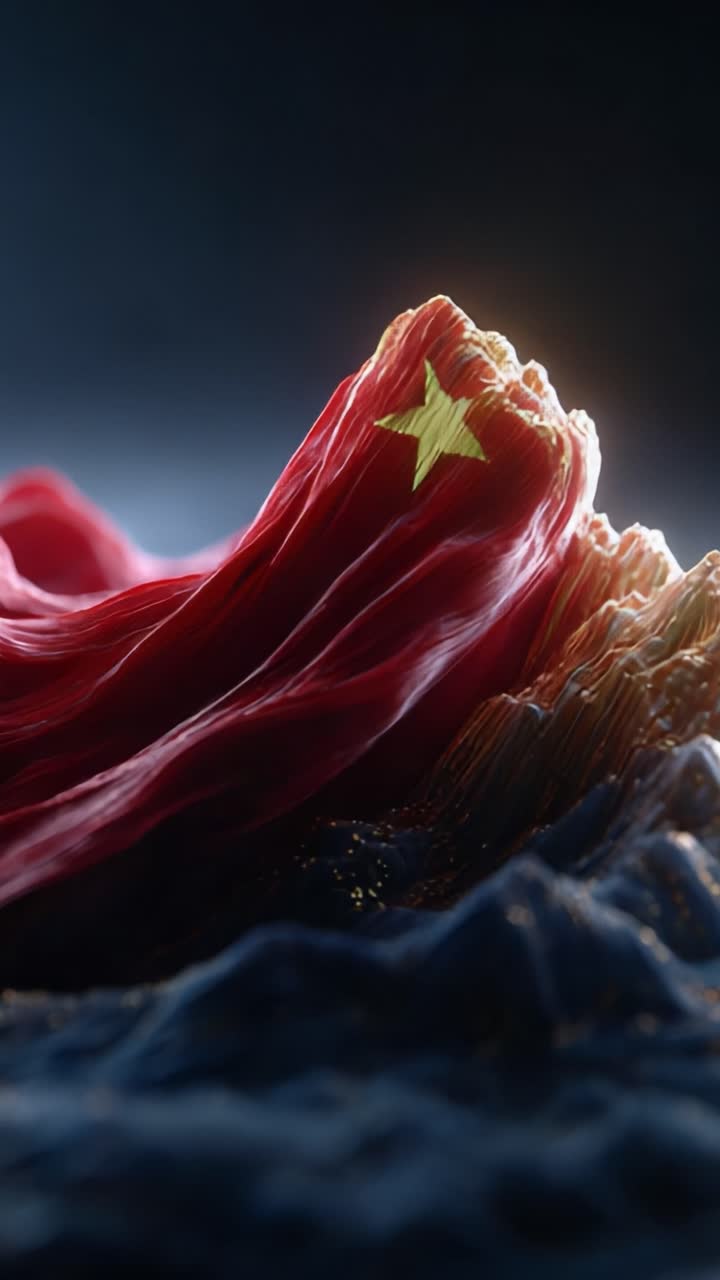 Un rendering in 3D accattivante di un vivace paesaggio montano con un design in tessuto fluido impreziosito da una stella, che evoca profondità e movimento nella scena