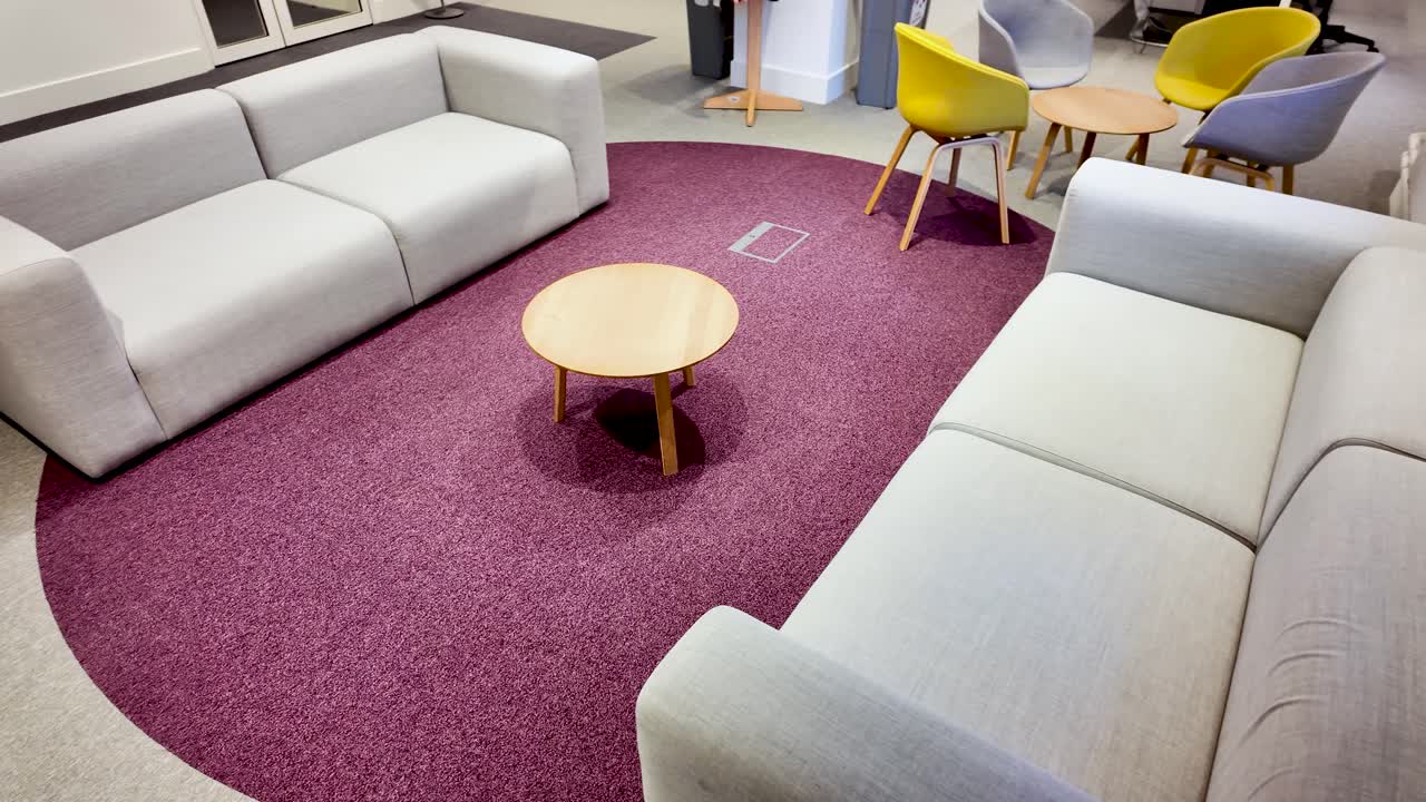 Contemporary office lounge with sofas, coffee table, and vibrant carpet design