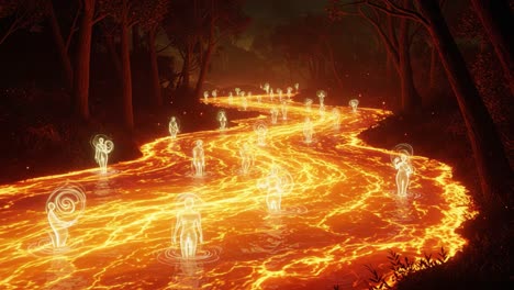 a surreal dreamscape of ethereal figures flowing through a molten river, illuminated by fiery glows and enveloped in a mysterious forest setting