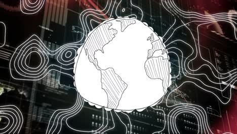 Animation-of-drawn-globe-with-topographical-chart-moving-over-interface-with-data-processing