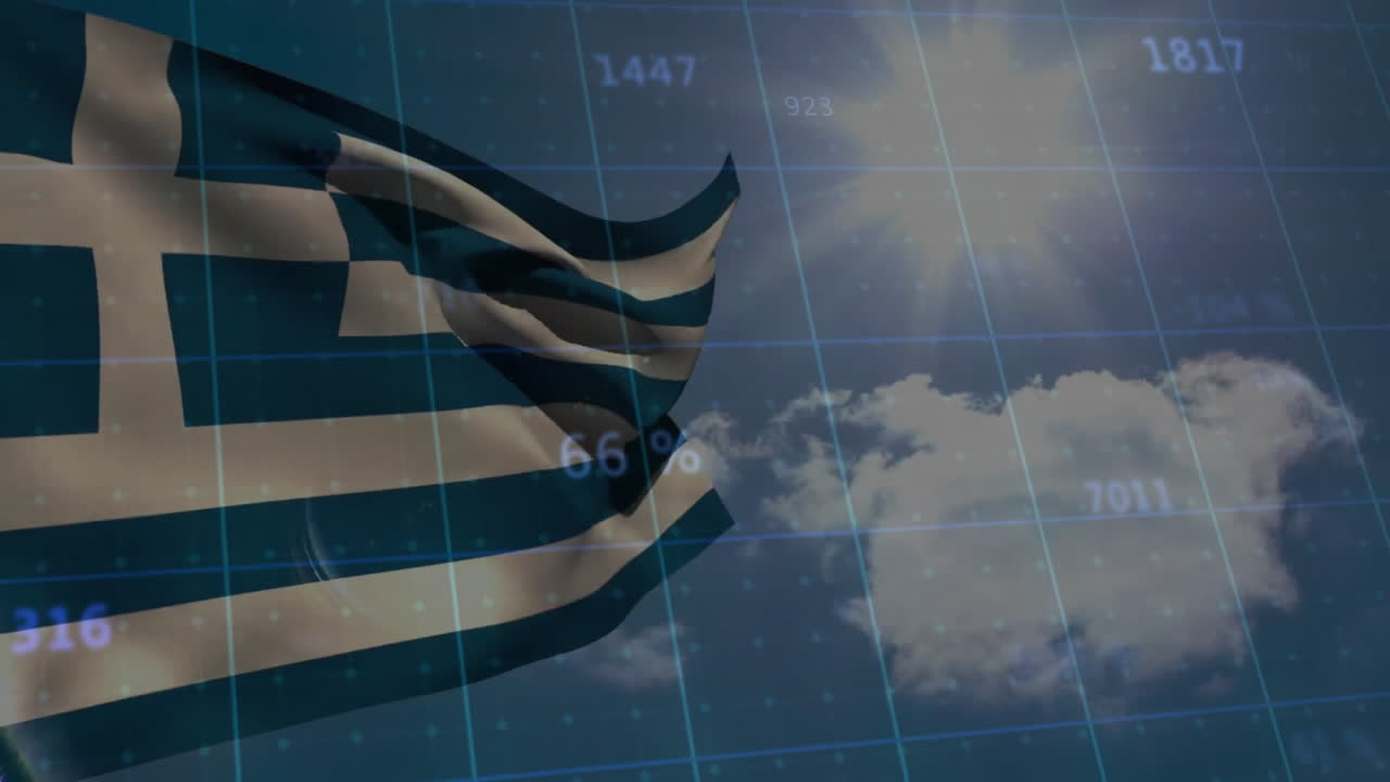 Waving Greek flag with financial data and cloudy sky in animation background