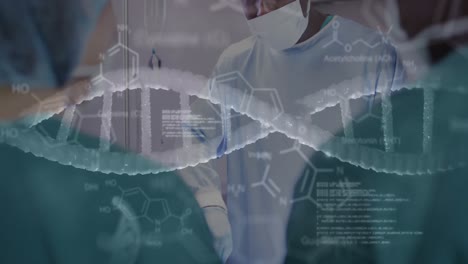 Animation-of-dna-strand-and-medical-data-over-diverse-male-and-female-surgeons-operating