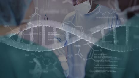 Animation-Von-DNA-Strängen-Und-Medizinischen-Daten-über-Verschiedene-Operierende-Männliche-Und-Weibliche-Chirurgen