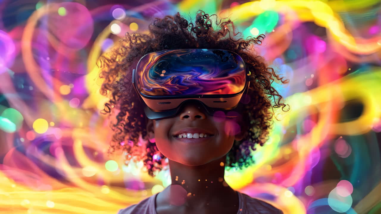 A young girl wearing a virtual reality headset is smiling. The image is a colorful and vibrant scene, with a lot of bright colors and a sense of excitement