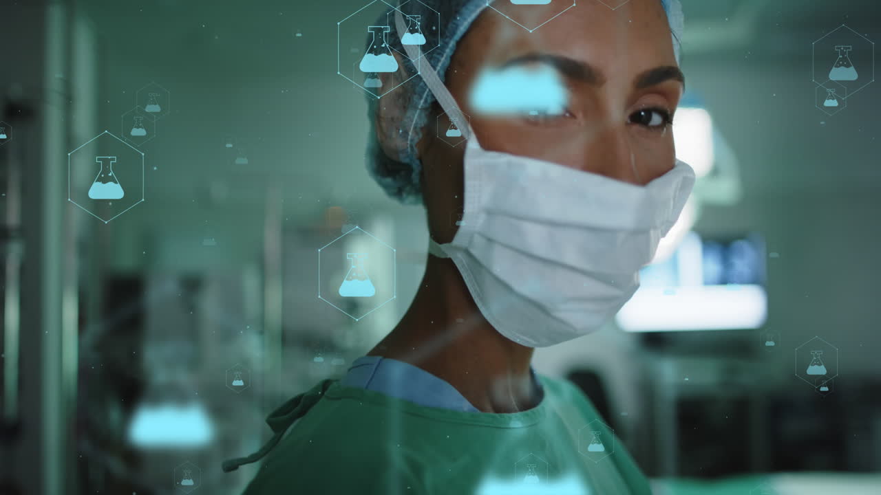Animation of network of medical icons and data processing over african american female doctor