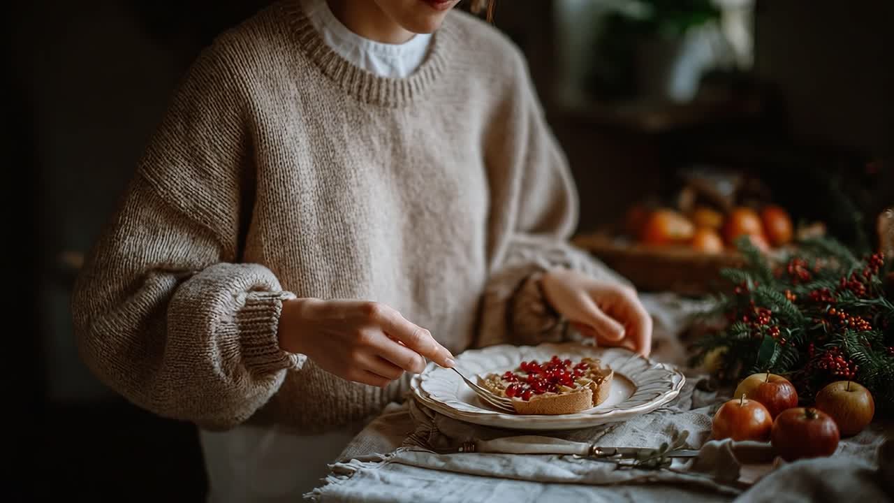 En hyggelig kulinarisk scene: En person nyder en smukt anrettet dessert med friske bær i en varm og indbydende atmosfære, der indfanger essensen af komfort og glæde