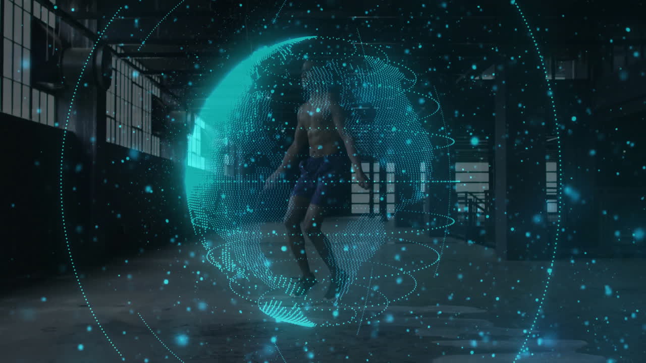Holographic globe animation over person practicing martial arts in industrial space
