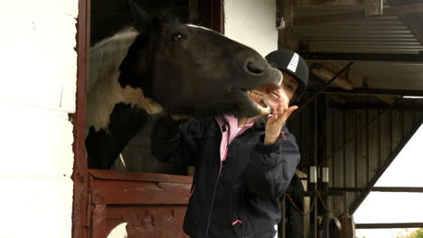 pretty brunette feeding horse in stable