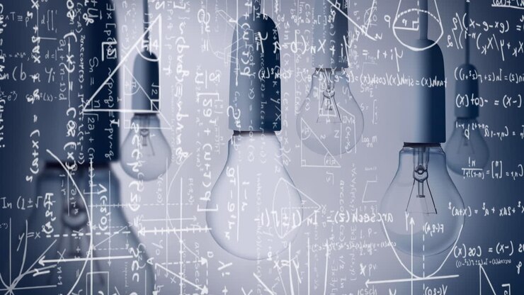 Animation von Glühbirnen und wissenschaftlicher Formel-Datenverarbeitung.