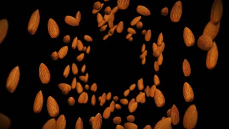 volando muchas almendras nueces en fondo negro. alimentos, alimentos saludables, dieta. animación 3d de almendras girando. animación de bucle.