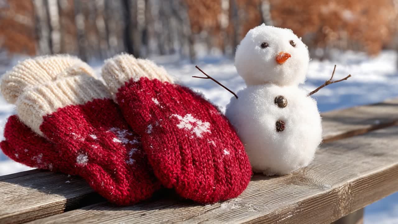 Charming Winter Scene Featuring Cozy Red Mittens and a Cute Snowman Surrounded by Snowy Landscape, Perfect for Celebrating the Joys of Winter Fun