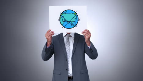 businessman holding earth animation over face