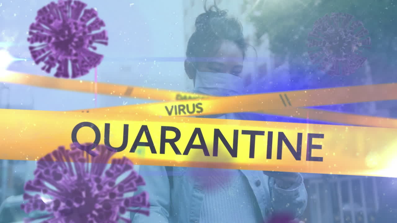 Animation of covid 19 text on tapes and cells over woman in face mask