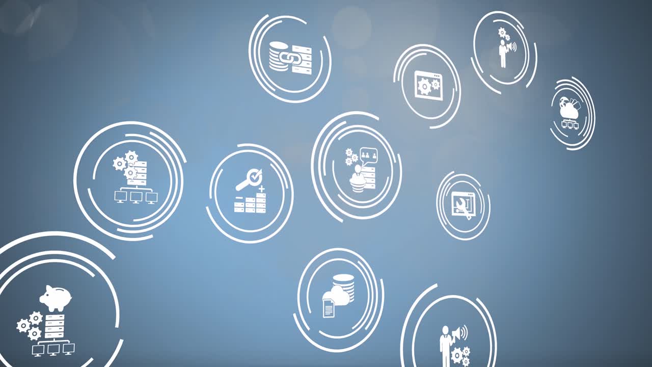 animación de iconos y procesamiento de datos sobre fondo azul