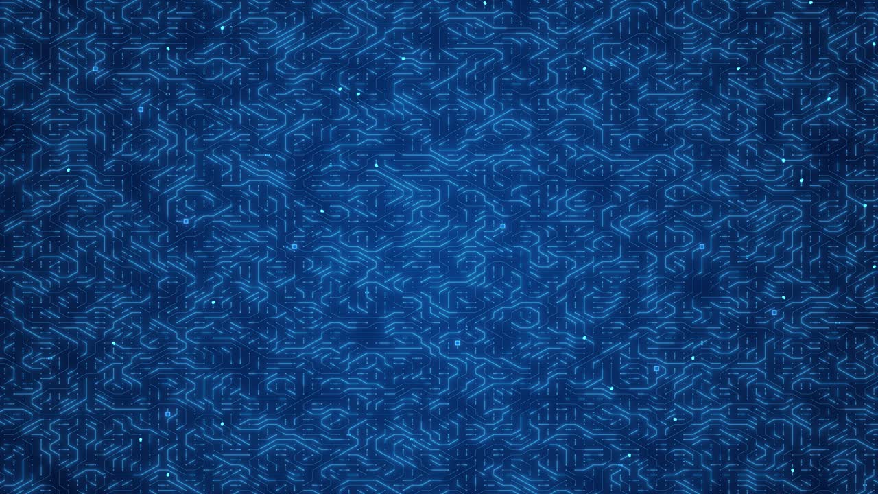 Circuit Board with moving electrons. Abstract electronic blue circuit board background. Artificial intelligence