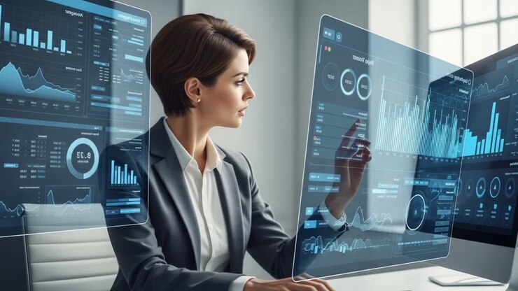 Fokusert profesjonell som analyserer data med interaktive digitale dashbord i et moderne kontormiljø, og viser avansert teknologi og analyse