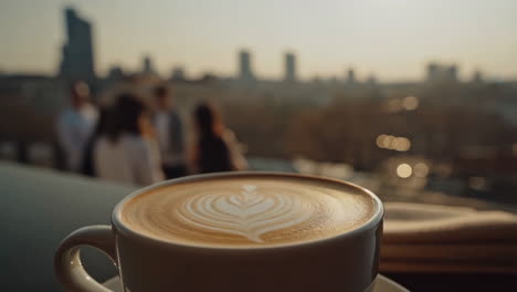coffee with latte art on a rooftop overlooking a city at golden hour