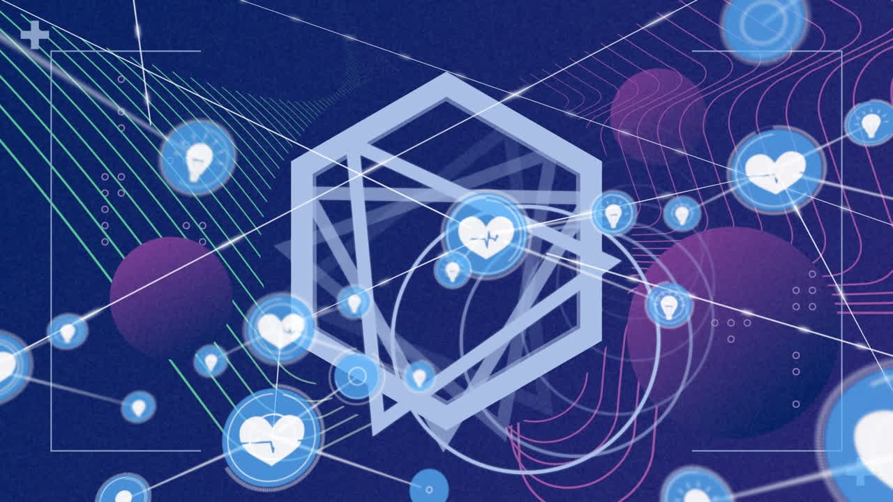 삼각형과 기하학적 그림 위의 아이콘으로 연결 네트워크의 애니메이션