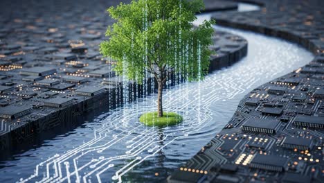 a lush green tree surrounded by digital streams: nature merges with technology amidst a circuit board landscape in a stunning visual display of innovation