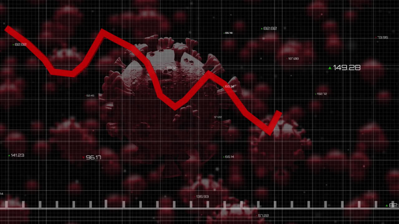 Grafici rossi in movimento su uno sfondo di cellule Covid-19