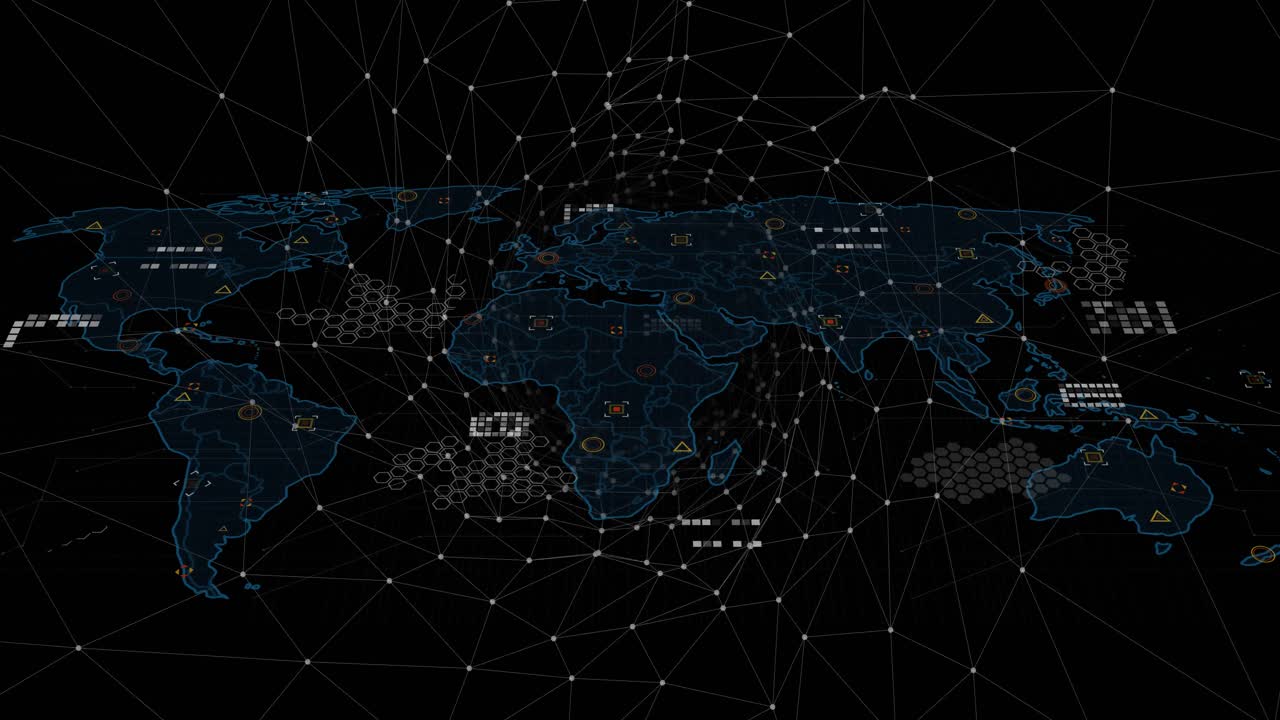 Grid rotating, map outlines fading, data icons appearing and pulsing, representing global data flow