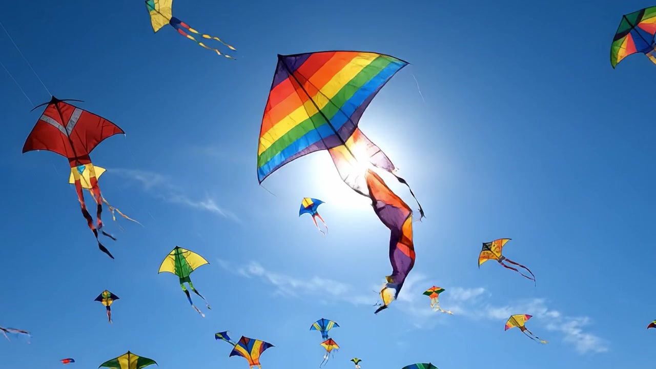 Uma Exibição Vibrante de Pipas Coloridas Voando Contra um Céu Azul Brilhante e um Sol Radiante, Capturando a Alegria e a Liberdade das Atividades ao Ar Livre e a Beleza da Natureza.