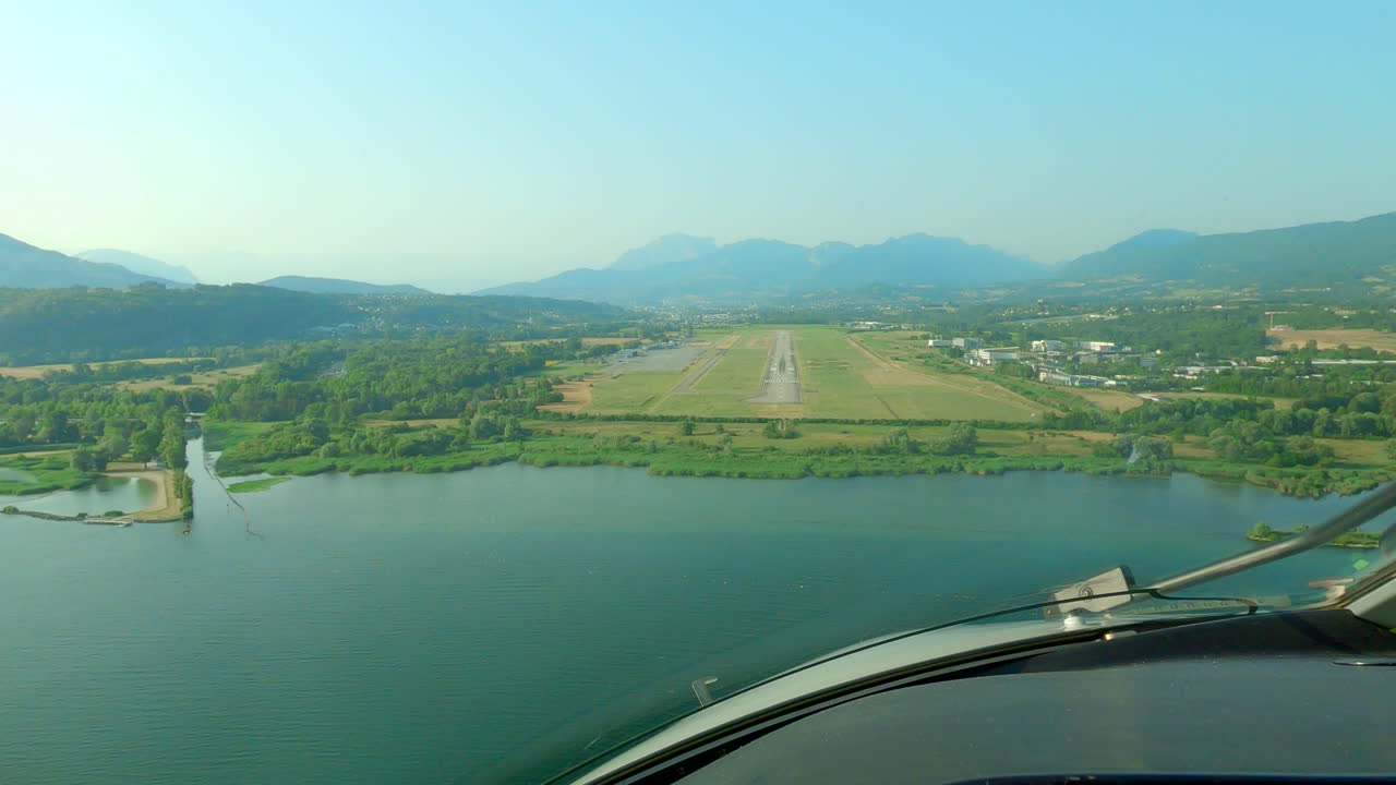 Airplane landing at Chambery airport, France