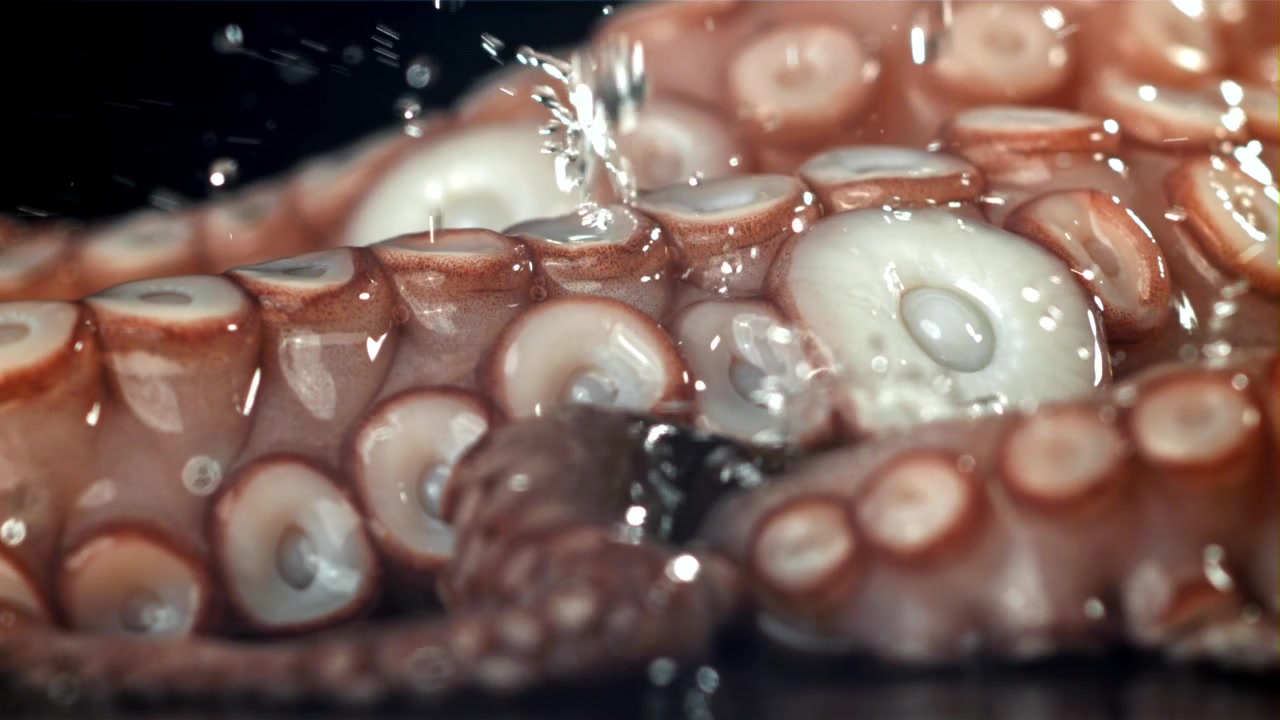 Primo piano di tentacolo di polpo con goccioline d'acqua