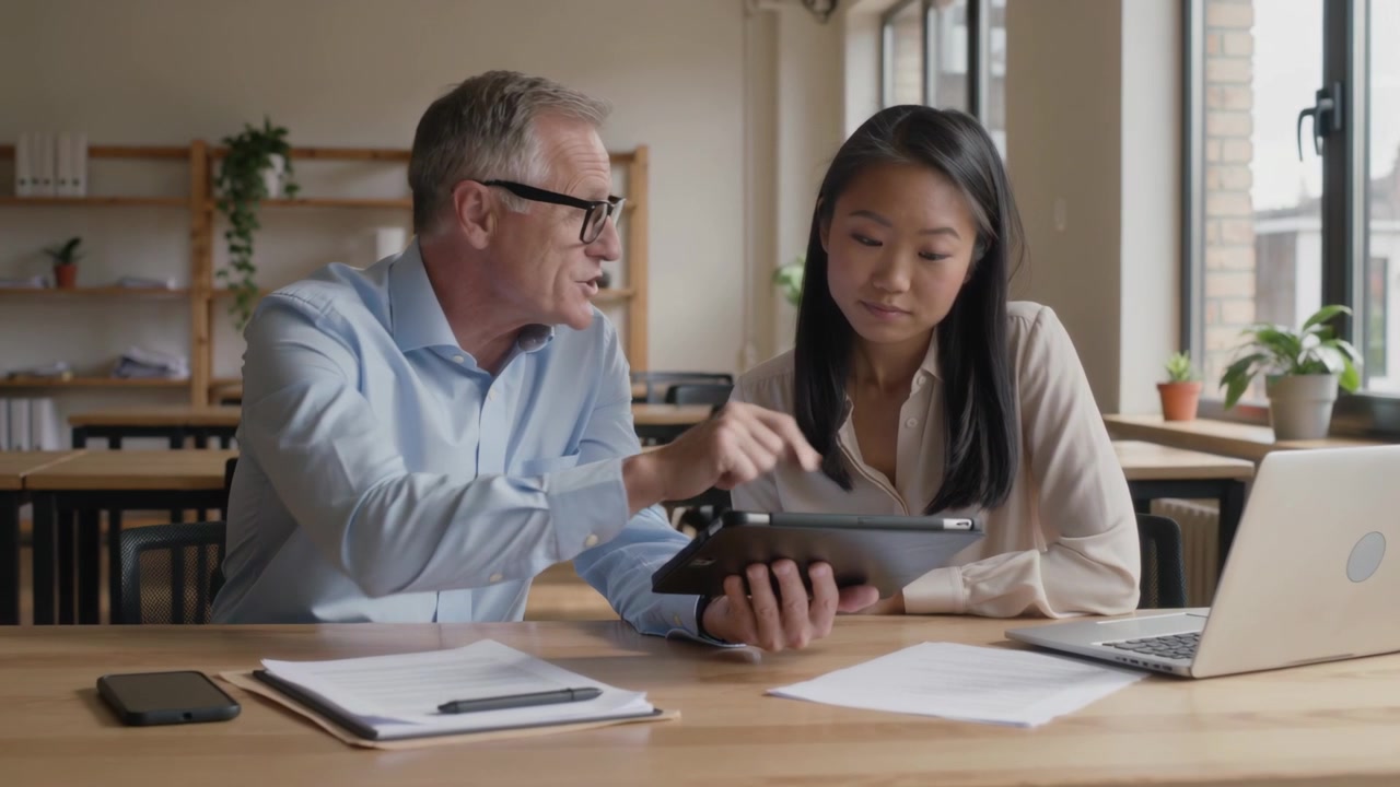 Pointing senior in blue shirt guiding woman at wood table by window after viewing tablet, mentoring