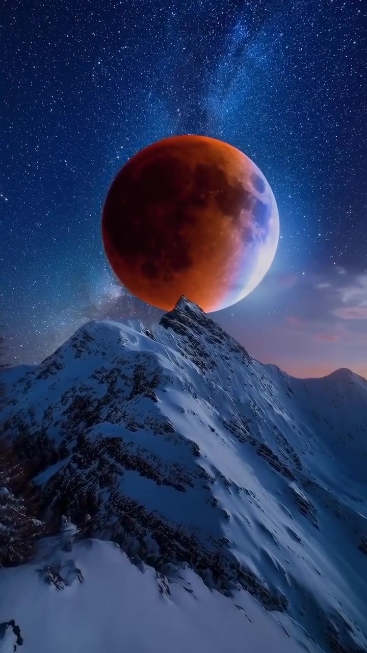 Blood Moon Rising Over Snowy Mountain Peak