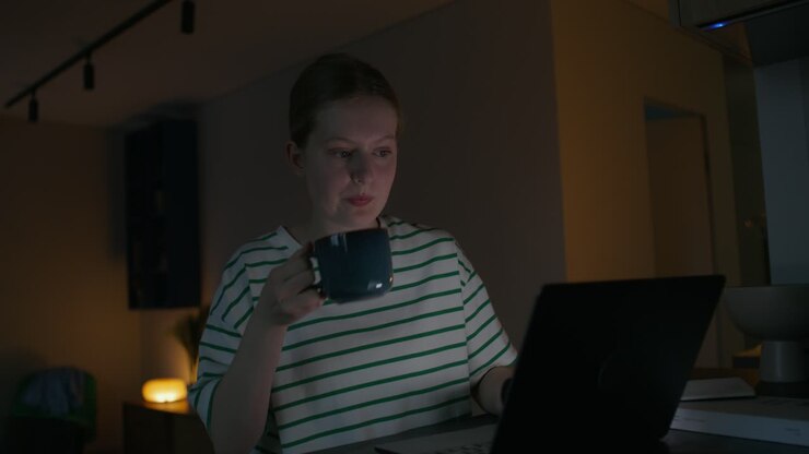 Woman Working Late at Night on Laptop