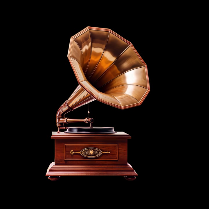 Grammofono vintage con tromba in ottone isolato su sfondo nero