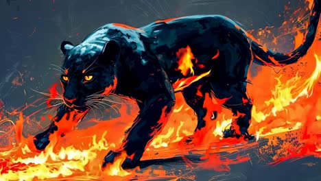 a black panther walking through a fire filled field