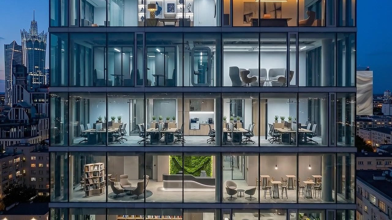 Contemporary corporate office facade featuring multiple illuminated floors
