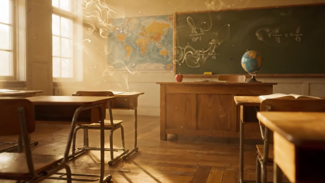 A Serene Classroom Setting Bathed in Natural Light, Featuring Wooden Desks, a Globe, and an Apple on the Teacher's Desk, Capturing the Essence of Learning and Exploration