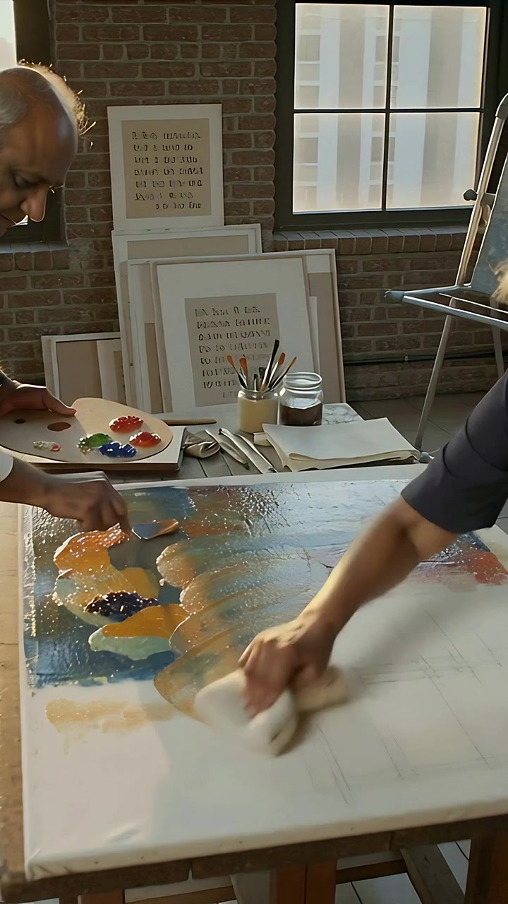 Vertical video: Adding paint man with palette at table leading she blending sponge expanding canvas