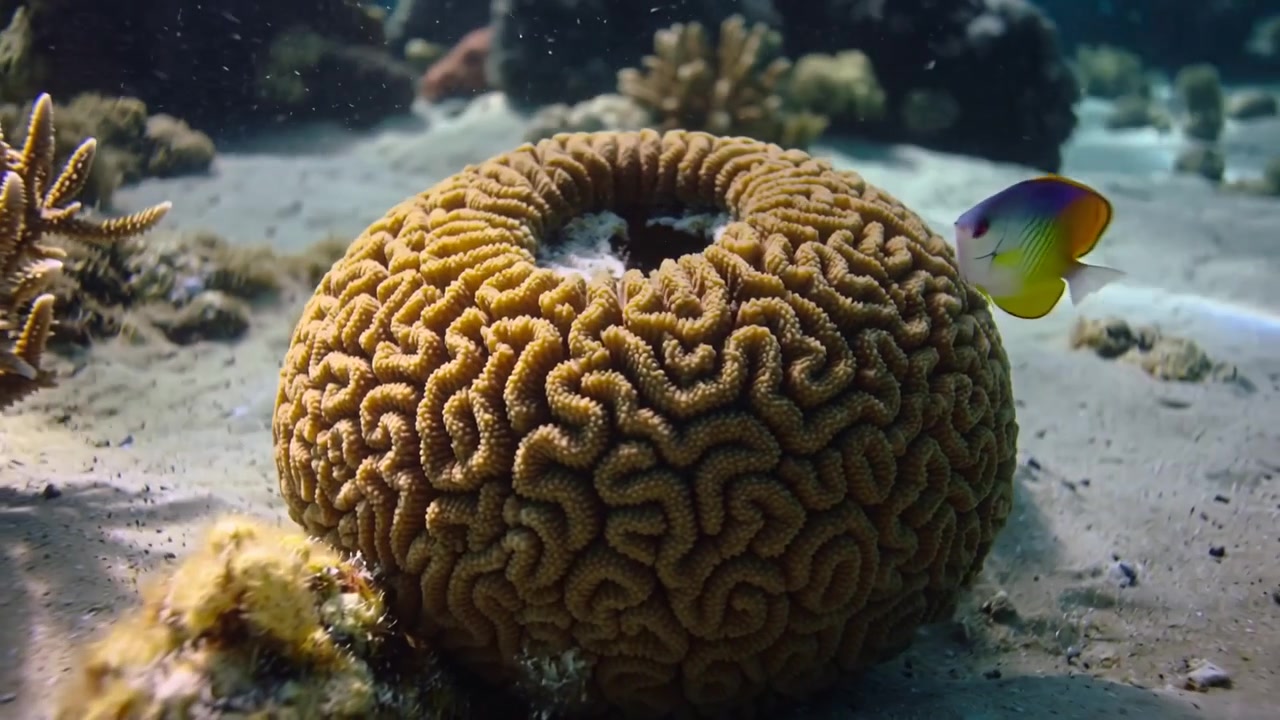 Pequenos peixes de recife brilhantes emergindo acima do coral, movendo-se ao redor de um monte de coral cérebro no fundo do mar, em água iluminada pelo sol.