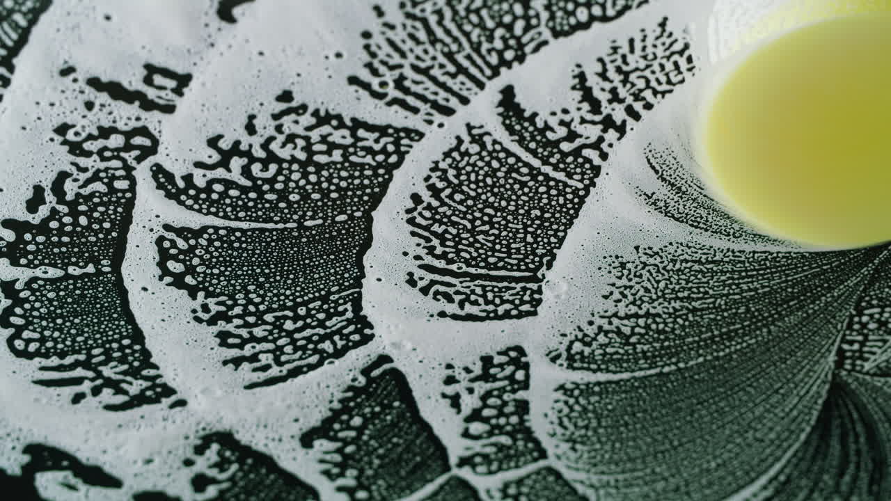 Close-up of Cleaning Brush Spreading Soap Foam on Dark Surface