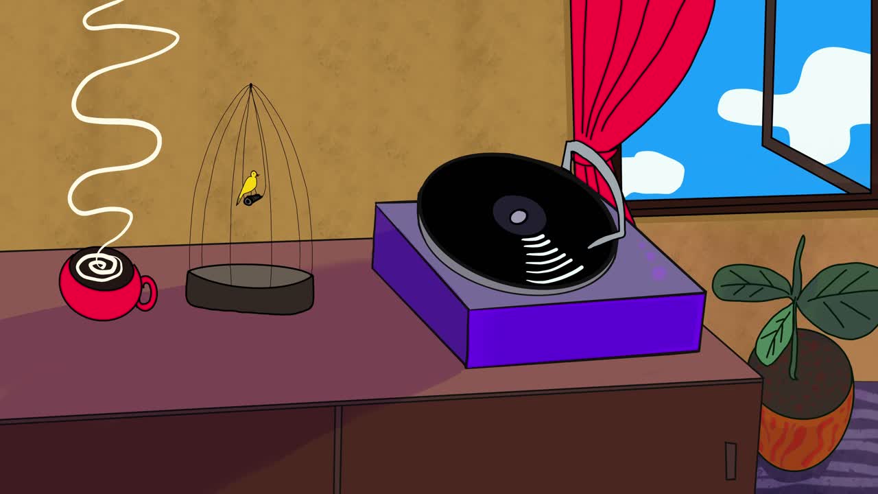 2d animated video, hand-drawn, record playing, sunny day with clouds passing and hot coffee in a mug, with little bird in a cage swinging.
