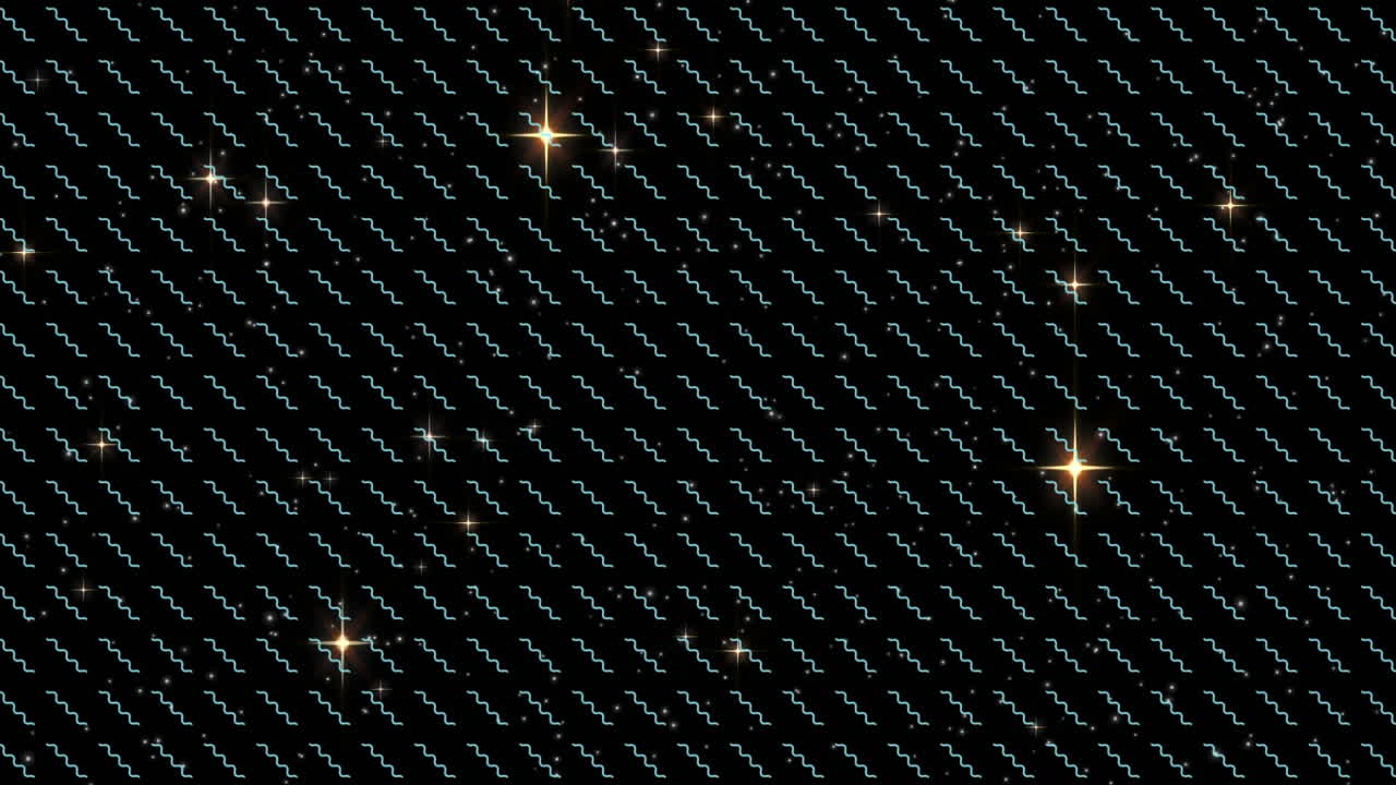 Digital animation of multiple shining stars over wavy lines in seamless pattern on black background