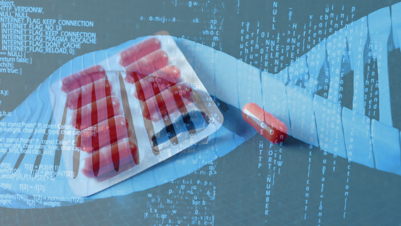 Animation af DNA-streng og databehandling over piller