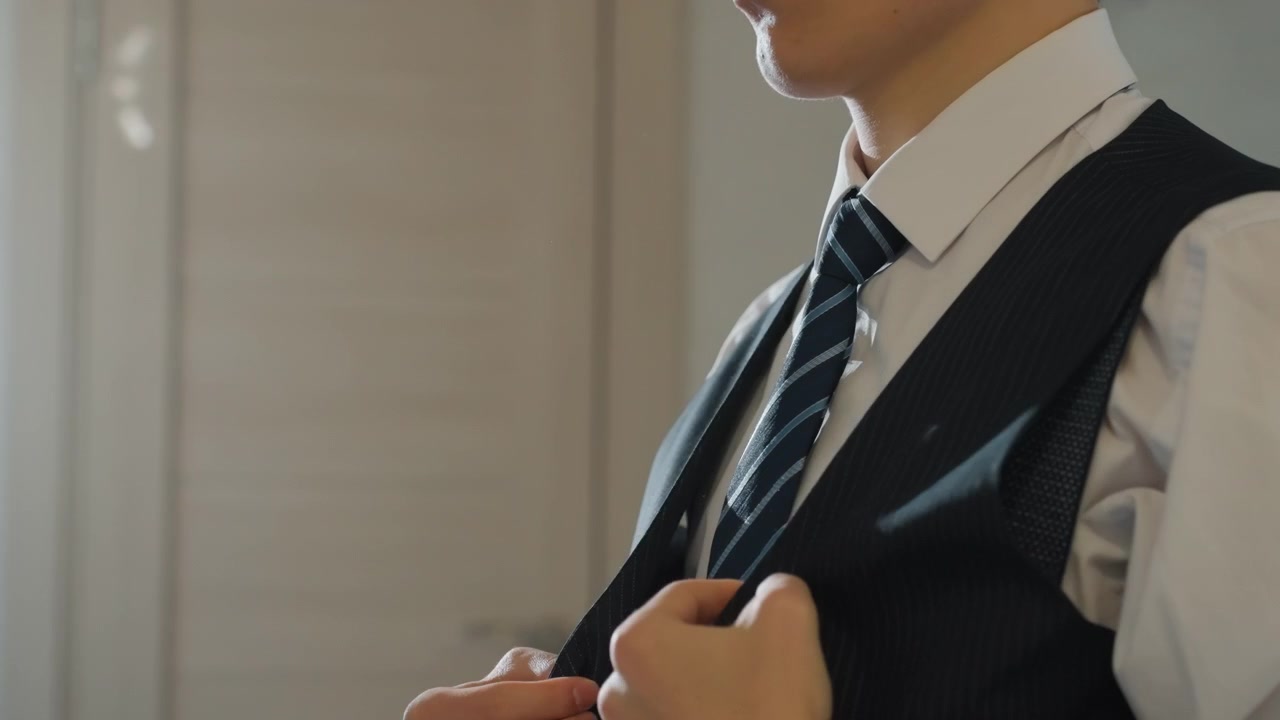 Hombre vestido profesionalmente. Ajustándose la corbata con expresión concentrada. Hombre asiático vistiendo chaleco y camisa blanca. Empresario ajustándose la corbata y los tirantes en un chaleco bien entallado cerca de la ventana.