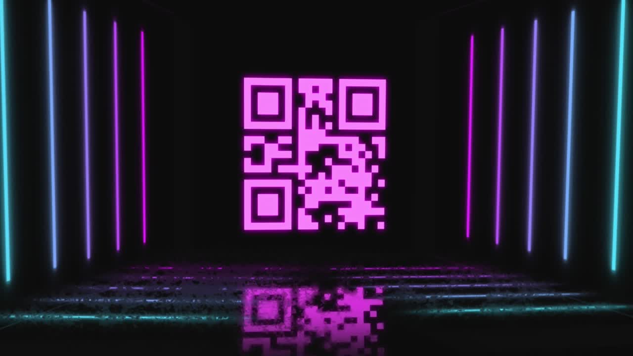 Animation of neon qr code scanner flickering against black background