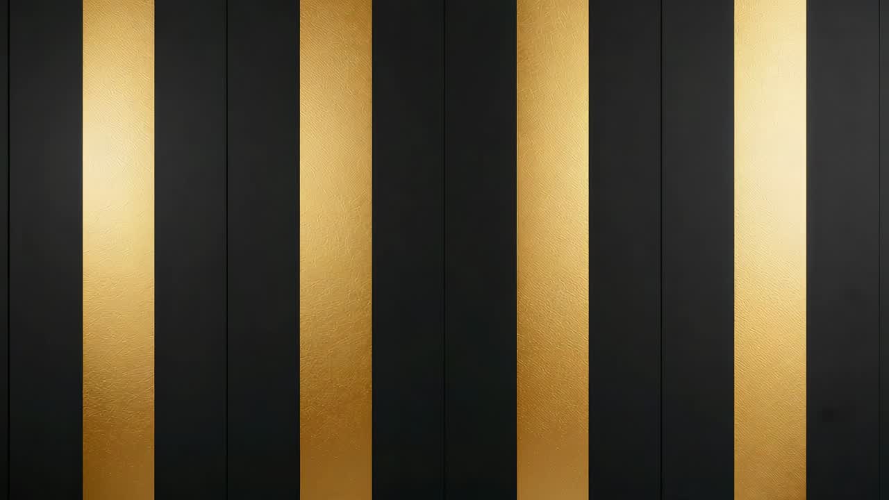 Shifting light moving gold sheen across striped wall on set exposing matte-black panels