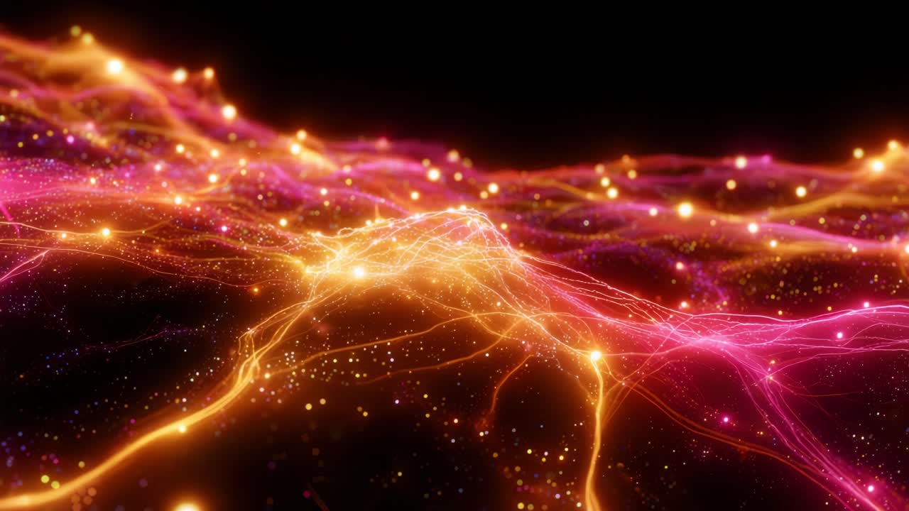 A mesmerizing view of vibrant, flowing energy patterns creating an ethereal landscape of light and color, seamlessly transitioning through waves of pink and golden tones amid a dark backdrop