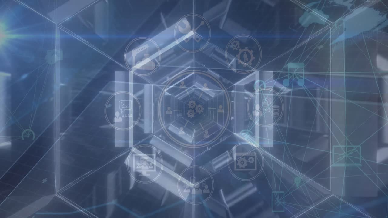 디지털 아이콘의 글로브와 디지털 아이콘의 네트워크가 네온 빛나는 터널을 통해 원활한 패턴으로 빛납니다.